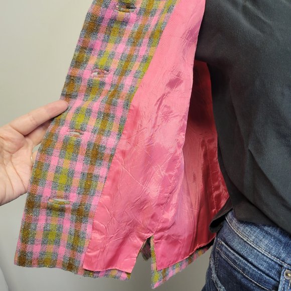 Vtg 60s Handmade Mad Men Pink Plaid Wool Blend Cropped Blazer Jacket Womens M - Picture 11 of 14